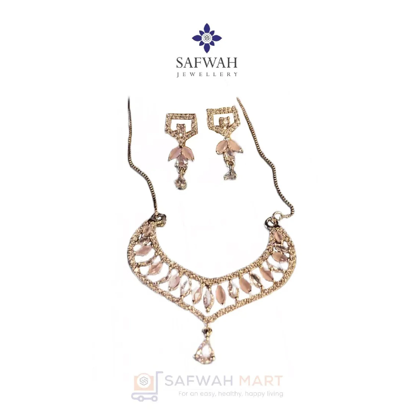 Necklace & Earring Set (V Shape White Pink Diamond Cut)