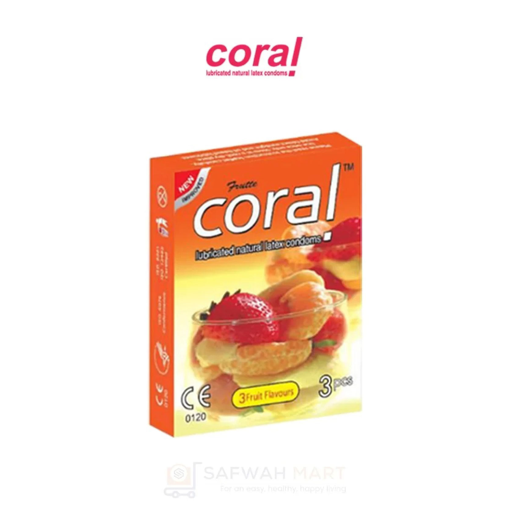 Coral 3 Fruits Flavors Lubricated Natural Latex Condoms (Frutty)single pkt