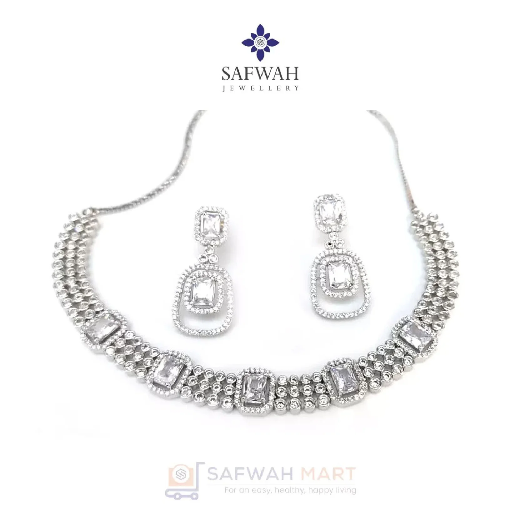 Diamond Cut Stone Necklace & Earring Set (Square White)