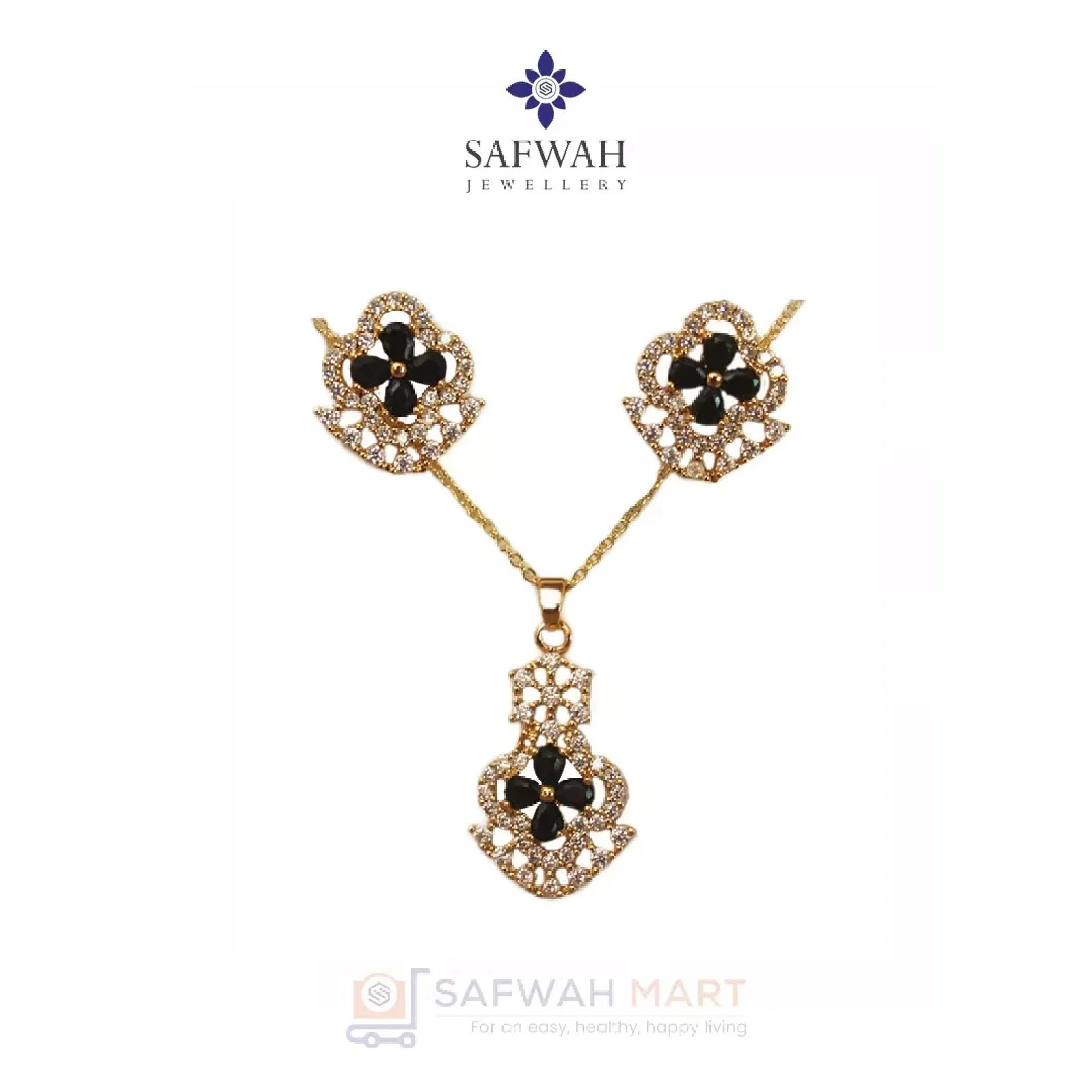 Necklace & Earring Set (4 Petals Black Diamond Cut)