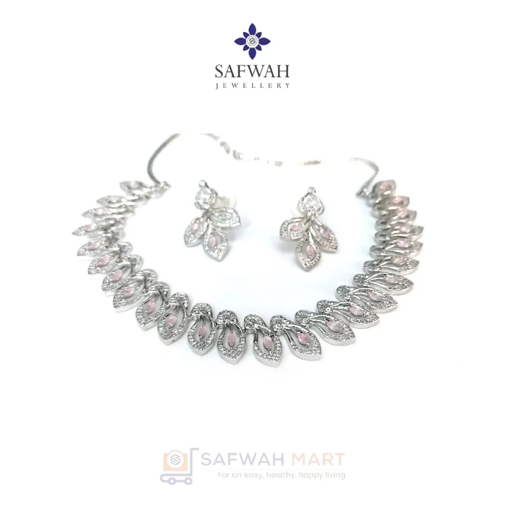 Diamond Cut Stone Necklace & Earring Set (Leaf Pink)