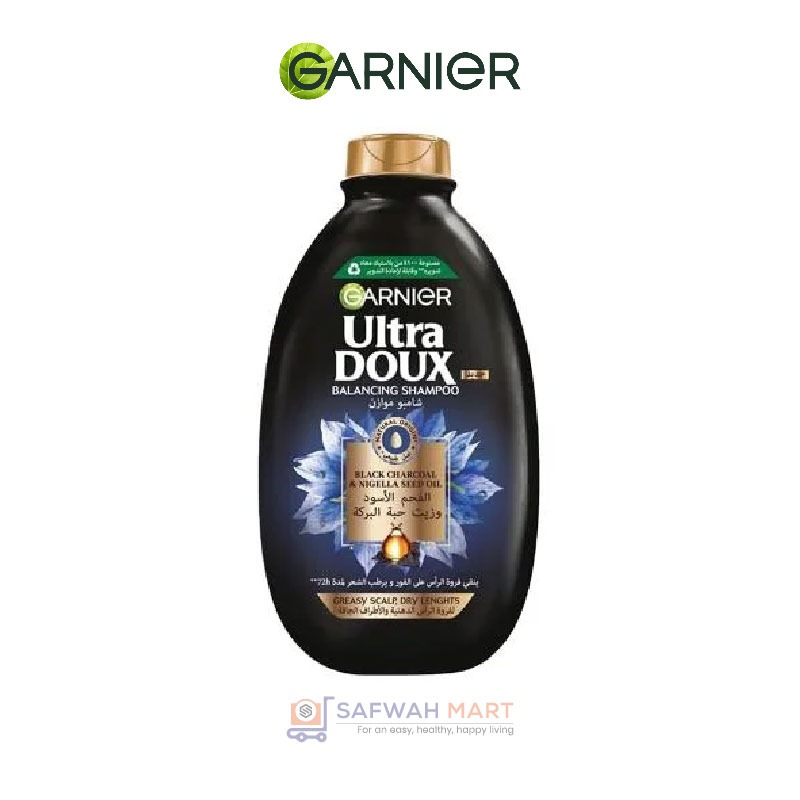 Garnier Ultra Doux Balancing Shampoo with Black Charcoal & Nigella Seed Oil for Greasy Scalp & Dry Lengths